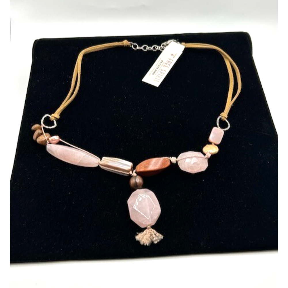 NWT Peyote‎ Bird Quartz Pink Wood Necklace Genuine Stone Sterling Silver 22"